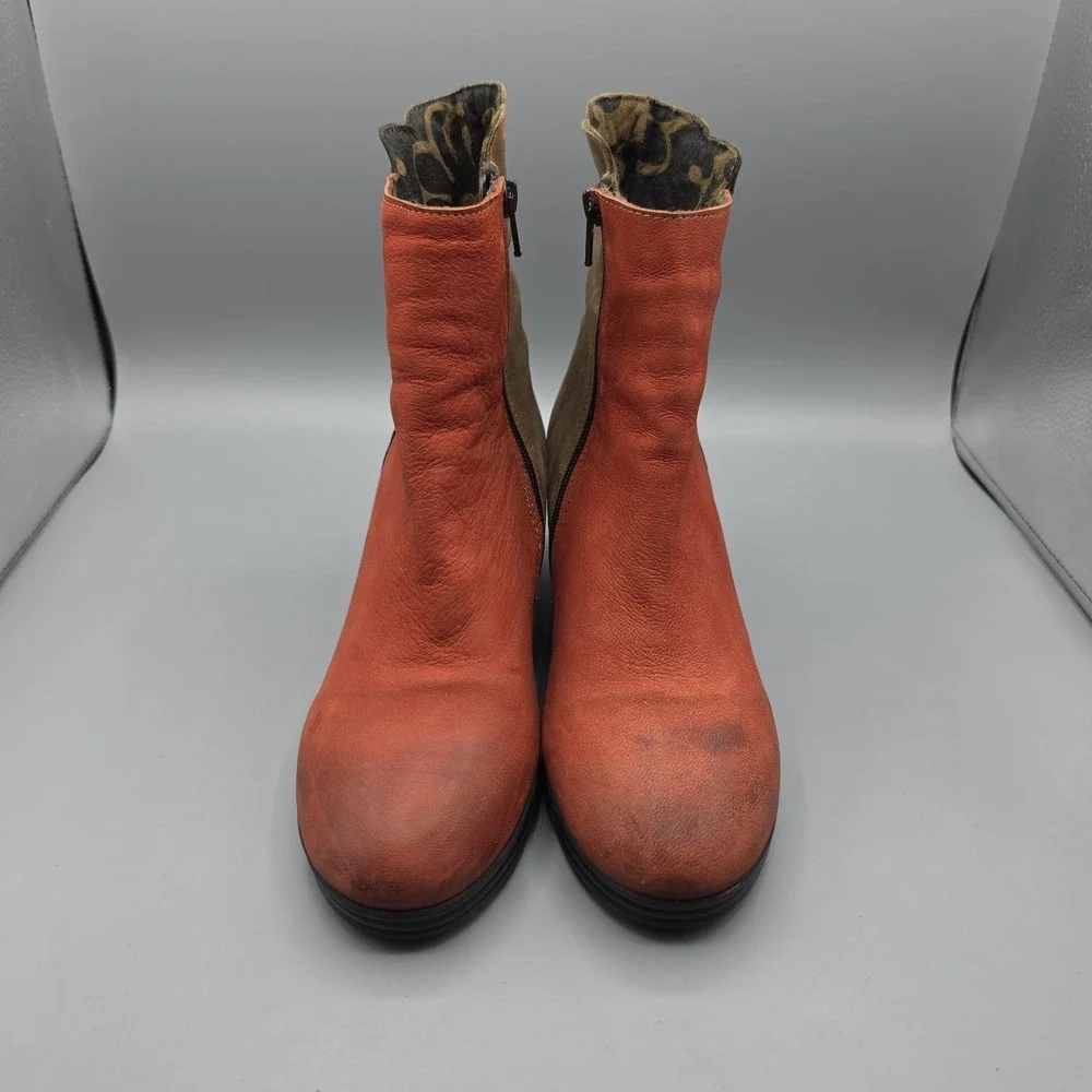 Fly London Booties Womens 39‎ Red Orange Brown Leather Distressed Wedge Zipper